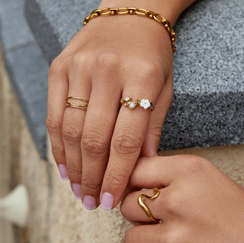 Bague Fleur en Cristaux Blancs Plaquée Or 18K