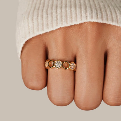 Bague Nid d’Abeille Dorée et Cristaux