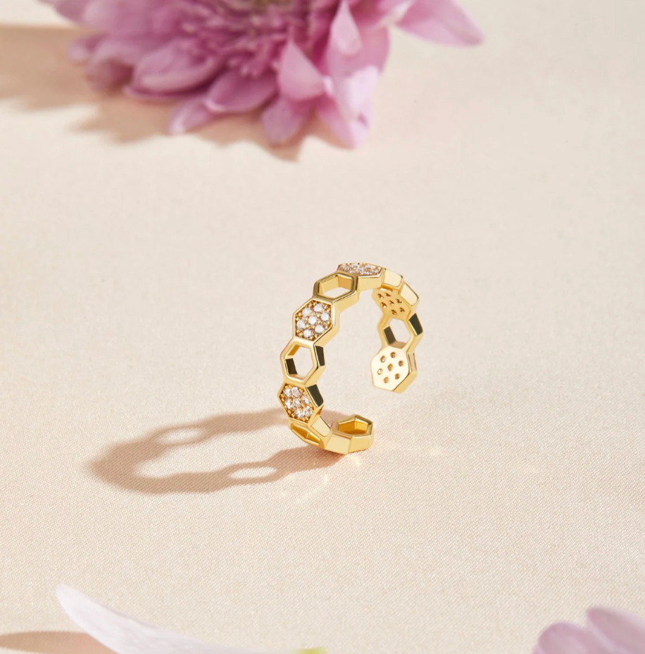Bague Nid d’Abeille Dorée et Cristaux