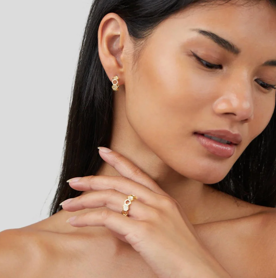 Bague Nid d’Abeille Dorée et Cristaux